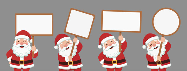 Santa Claus Holding Sign Board Set | Christmas Cartoon Poster Elements | Editable illustration ideal for adding text, logos, or product messages in seasonal designs.