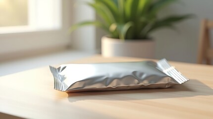 Shiny silver snack bar wrapper on a wooden table with plant behind