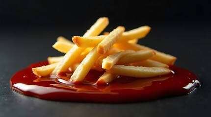 Golden french fries dipped in ketchup on a dark surface for a snack