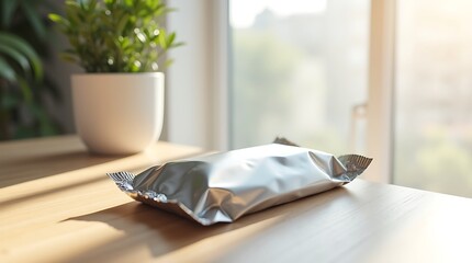 Foil package on a wooden table with a plant in the background indoors