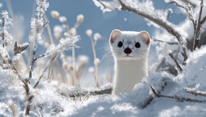 Fototapeta premium Small white mammal peeks out from behind snow covered winter brush