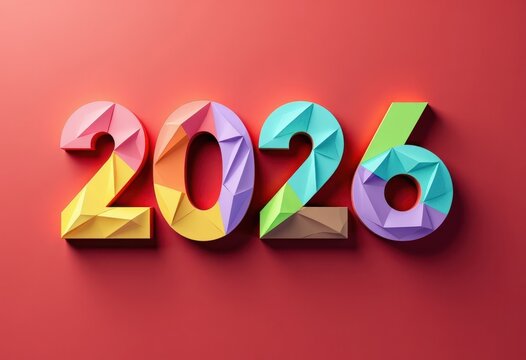 Colorful geometric illustration of the year 2026, featuring vibrant facets and a modern design against a solid background, symbolizing new beginnings