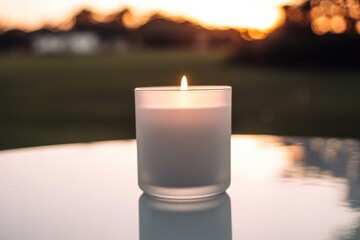 White candle with lit flame on reflective surface at sunset