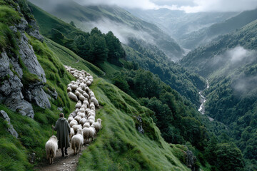 Shepherd guiding a flock of sheep along a misty mountain path in a lush valley