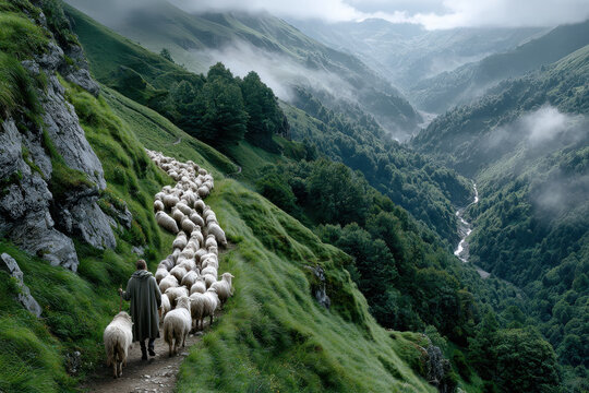 Shepherd guiding a flock of sheep along a misty mountain path in a lush valley - Powered by Adobe