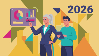 Business team analyzing 2026 financial data and planning annual corporate goals