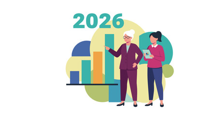 Fototapeta premium Female business team analyzes bar chart projections and financial growth goals for 2026