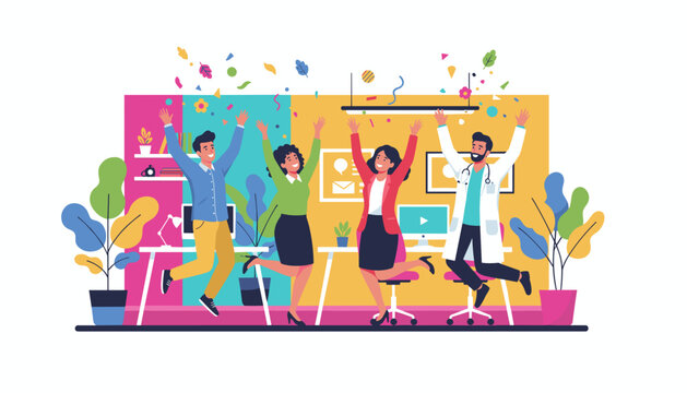 Happy business professionals and doctor jumping in the office celebrating success and teamwork
