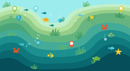 Underwater World with Marine Life and Location Markers.