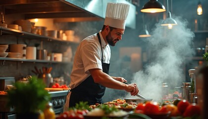 Pro male chef in white hat and apron cooks in commercial kitchen. He stirs food in pan with steam rising from it. Kitchen counter has various vegetables and cooking ingredients.