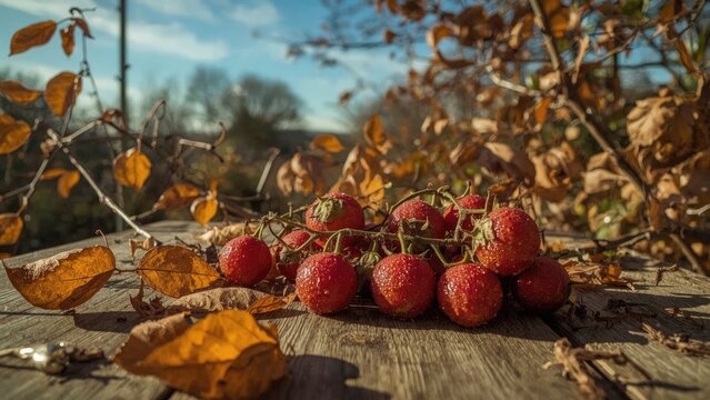 Cluster of red berries on a wooden surface with dry leaves and autumn foliage, outdoor setting. - Powered by Adobe