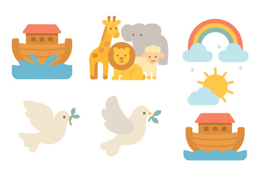 Noah's ark flat icon set. featuring ark, animals, rainbow, sun, clouds, and dove symbols