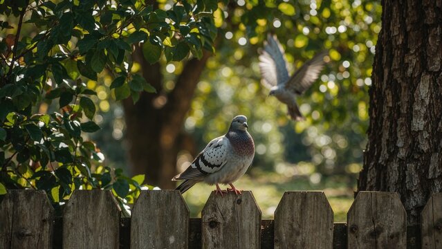 A pigeon on a wooden fence in a park with a bird flying nearby and green foliage in the background.