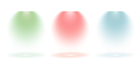 Three colorful spotlights shining down on a dark stage creating bright beams of light