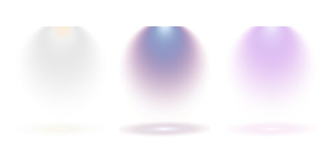 Three distinct spotlights with white blue and purple beams illuminating a dark stage background