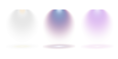 Three distinct spotlights with white blue and purple beams illuminating a dark stage background