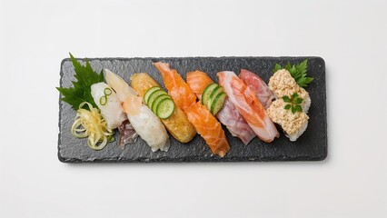 Assorted sushi on a black slate plate with garnishes and cucumber slices.