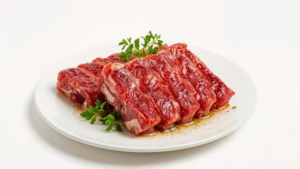 Raw meat, beef ribs, on a white plate with fresh parsley.
