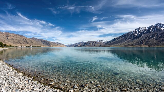 Scenic view of a lake with mountains and snow-capped peaks, clear blue sky, and rocky shoreline. Nature and landscape, tranquil and pristine environment.