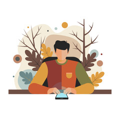 Man using a smartphone in a stylized autumn setting Flat design illustration for digital communication