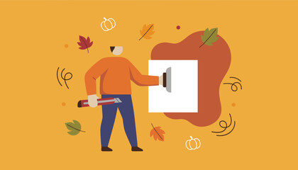 Builder working on home renovation project surrounded by autumn leaves and seasonal motifs Fall maintenance