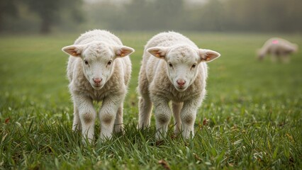 Obraz premium Two young lambs standing in a grassy field.