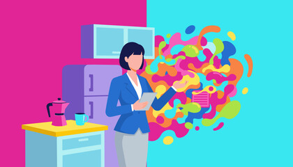 Creativity and routine balance Businesswoman conceptualizing colorful ideas at home