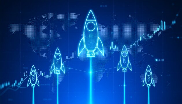 Futuristic rockets launching upwards, symbolizing growth and progress against a backdrop of financial charts