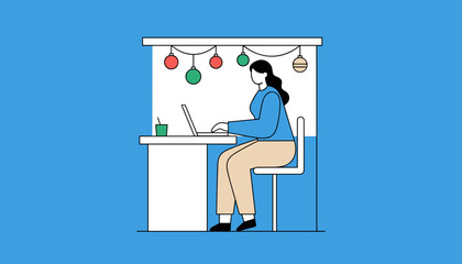 Female remote worker using laptop at a desk decorated for Christmas Holiday business work