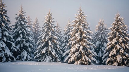 Snow-covered pine trees in a winter landscape.
