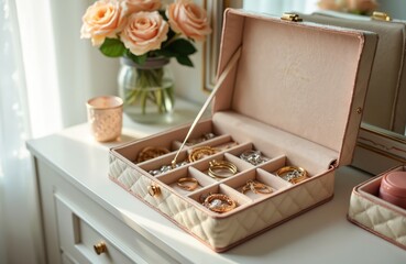 Jewelry box sits on a dresser. Rings, necklaces earrings rest inside. Roses and candle create relaxing mood. Elegant storage solution for accessories at home adds touch of glamor.