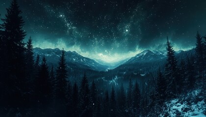 Fototapeta premium Dark, cold mountain landscape unfolds beneath a brilliant, starry night sky