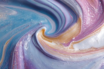 A Captivating Swirl of Colors with Sparkling Glitter in Smooth Textures, Creating a Mesmerizing Abstract Artwork of Blue, Pink, and Gold Hues