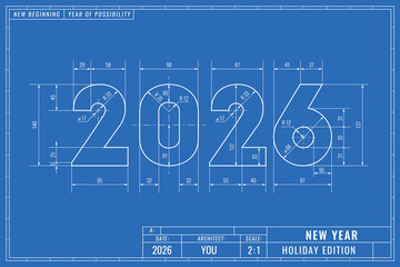 Blueprint style drawing of the number 2026. New Year greeting card