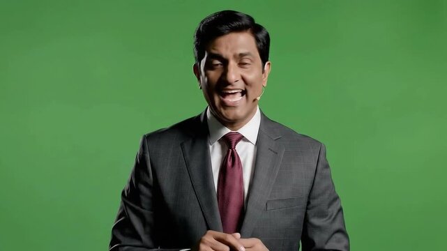 Man in suit speaking against green screen with hands clasped in front and red tie visible