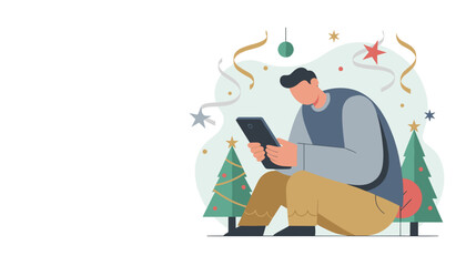 Man using smartphone next to Christmas trees and festive decorations Holiday communication and shopping