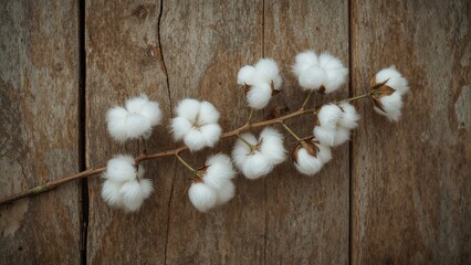 Fototapeta premium A cotton branch with fluffy white cotton balls on a rustic wooden background.