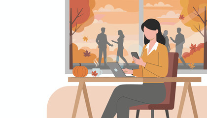 Professional woman works remotely during autumn using laptop and phone in a cozy setting