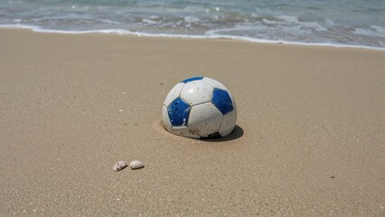 A soccer ball on the sand beach with the ocean in the background.