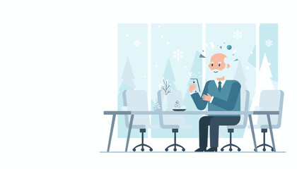 Fototapeta premium Elderly professional uses smartphone in modern office meeting room with winter view