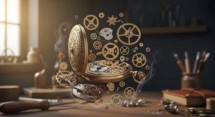 Vintage pocket watch gears mechanism repair time concept art