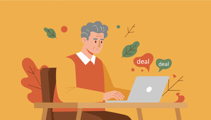 Senior man using laptop finding online deals or managing businessfinance Flat design