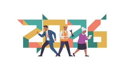 Diverse professionals illustrating business labor and technology working together