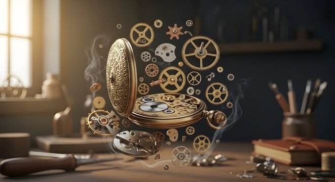 Vintage pocket watch gears mechanism repair time concept art