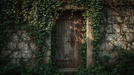 Ancient wooden door surrounded by overgrown ivy on stone wall. Vintage, rustic, historic, abandoned. Overgrown, natural, aged, mysterious. Old weathered door with ivy.