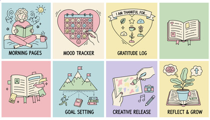 Cute illustrations of selfcare habits morning pages mood tracking goal setting and creative release