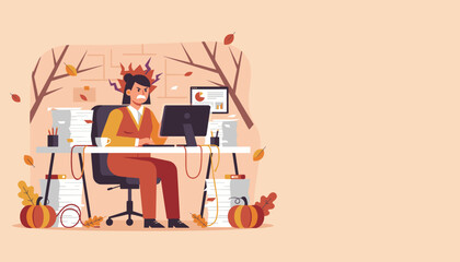 Work overload and stress Angry employee burnout at office desk during autumn