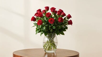 Obraz premium A bouquet of red roses in a glass vase placed on a round wooden table against a plain background