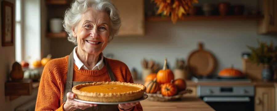 Smiling senior woman holds pumpkin pie in kitchen. Elderly lady celebrates Thanksgiving with holiday pastry. Autumn fall season. Baking dessert for friends and family. Traditional homemade sweet food.