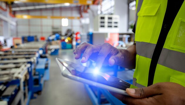 A worker using a tablet in a large factory or manufacturing setting, possibly involved in quality control or technical oversight. - Powered by Adobe